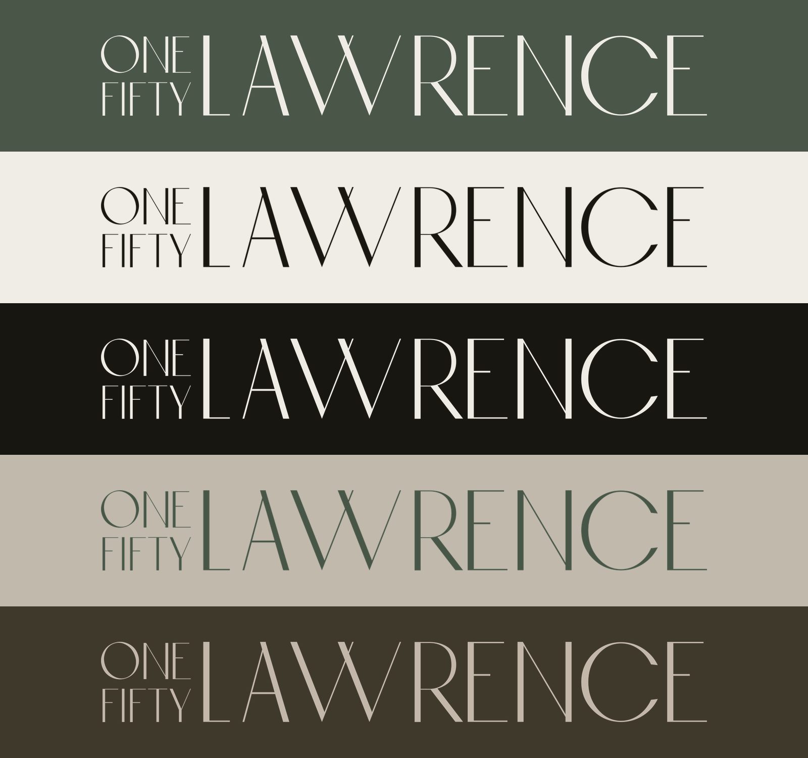One Fifty Lawrence wordmark in five colorways: Lobby Light on Marbled Green, Framed Steel on Lobby Light, Lobby Light on Framed Steel, Marbled Green on Stone Veil, and Stone Veil on Shadow Taupe. Brand identity by Studio Heym.