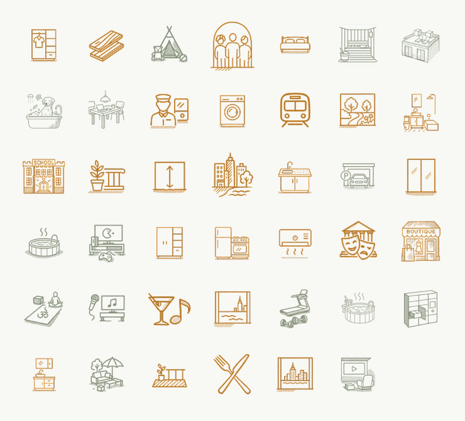 Forty-one hand-drawn icons for The Westline in copper and sage: apartment features, building amenities and neighborhood places, from a washer and a rooftop to a school, a subway train and a theater. Illustration by Studio Heym.