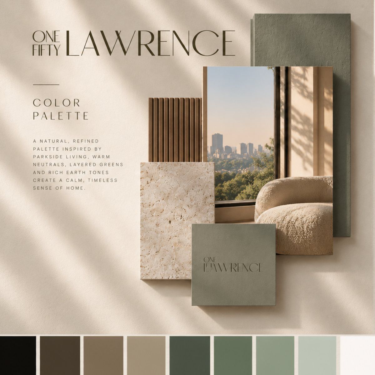 The One Fifty Lawrence color palette board: the wordmark, fluted wood, travertine, a window over the Brooklyn skyline and seven brand colors