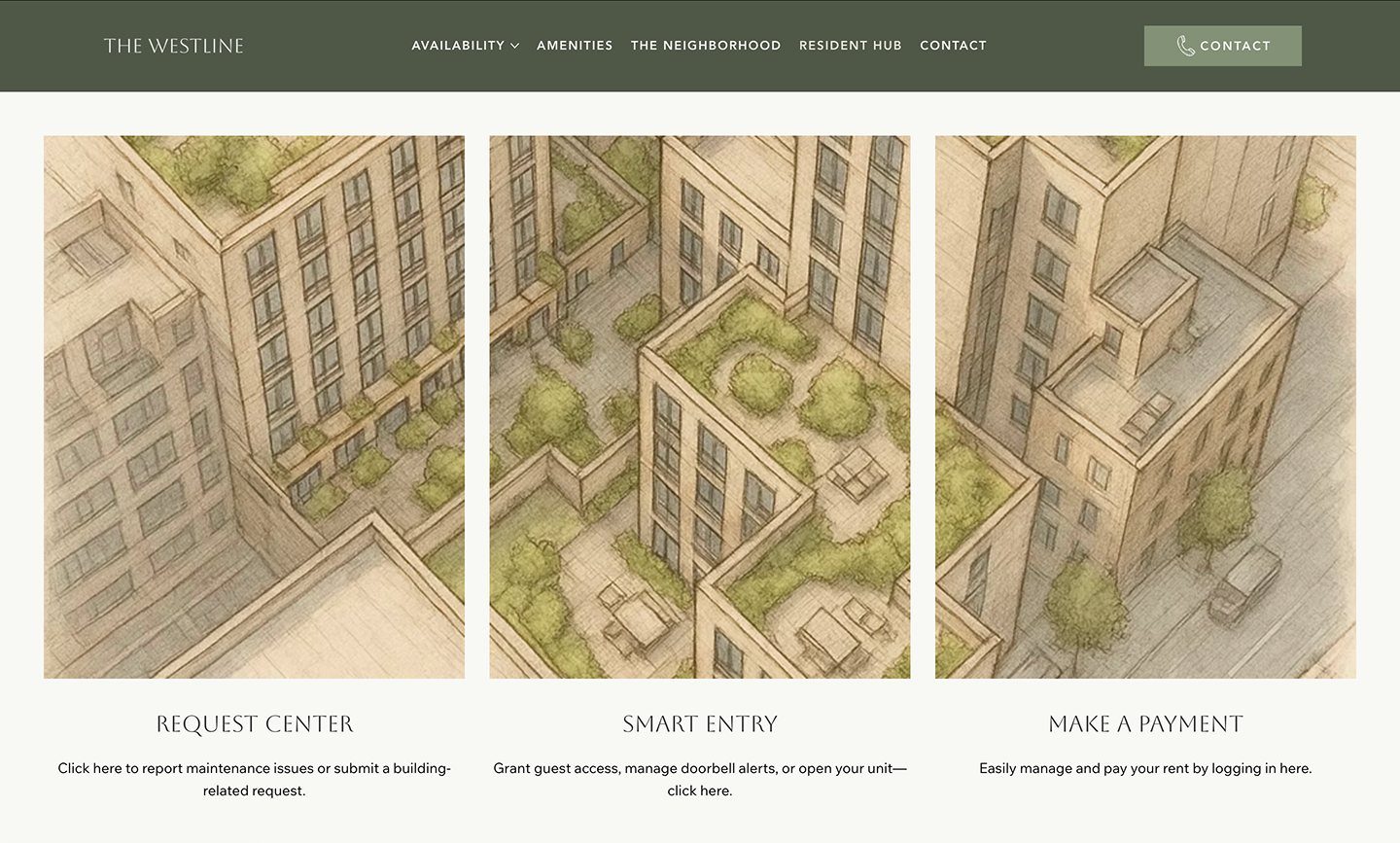The Westline resident hub page: illustrated buildings above links to the request center, smart entry and rent payments