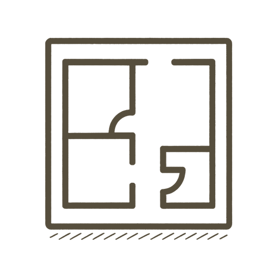 Hand-drawn floor plan icon for open-concept living, in Shadow Taupe
