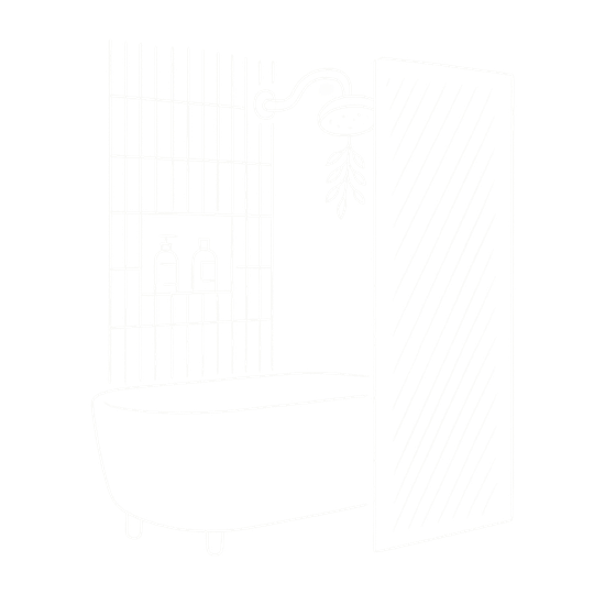 Hand-drawn icon of a bath with a rain shower and a sprig of eucalyptus