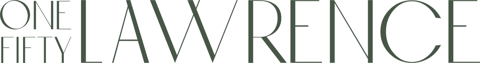 One Fifty Lawrence wordmark in Marbled Green on Stone Veil