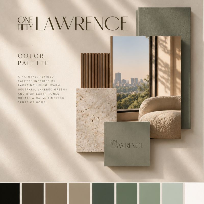 One Fifty Lawrence color palette board: the wordmark, fluted wood, travertine, a window over the Brooklyn skyline and the seven brand colors