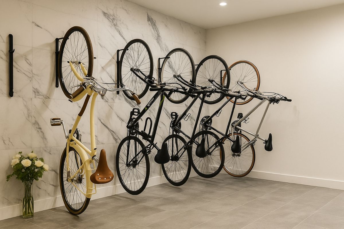 Rendering of the One Fifty Lawrence bike room, bicycles hung on a marble-clad wall