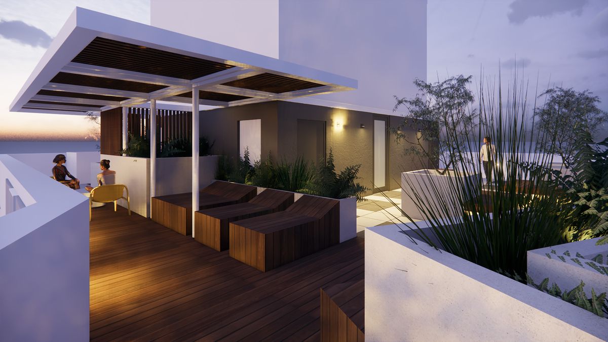 Rendering of the One Fifty Lawrence roof terrace at dusk, a timber pergola and lounge seating above Downtown Brooklyn