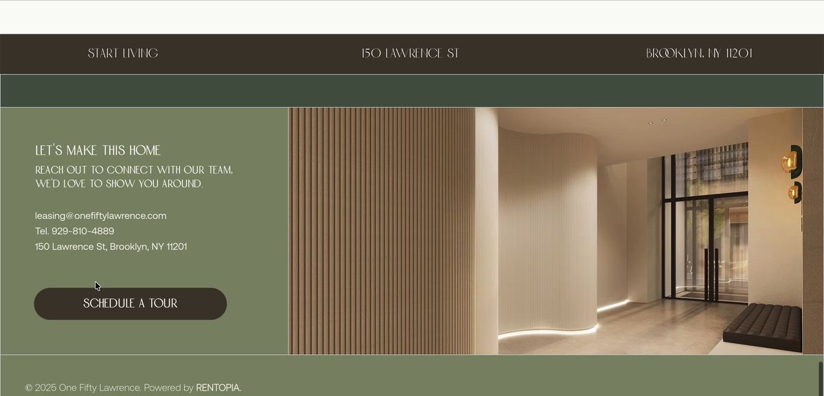 One Fifty Lawrence contact section on desktop, Let's make this home, set in Olive Bench green beside a lobby rendering