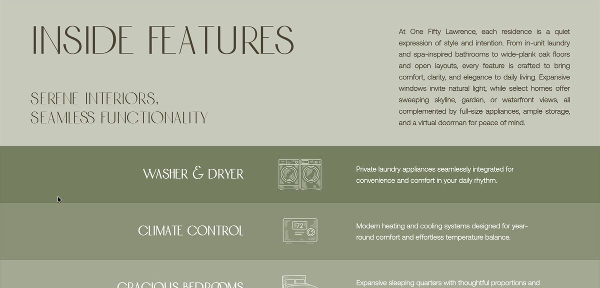 The Inside Features section of the One Fifty Lawrence website, each apartment feature listed with its hand-drawn icon on bands of green