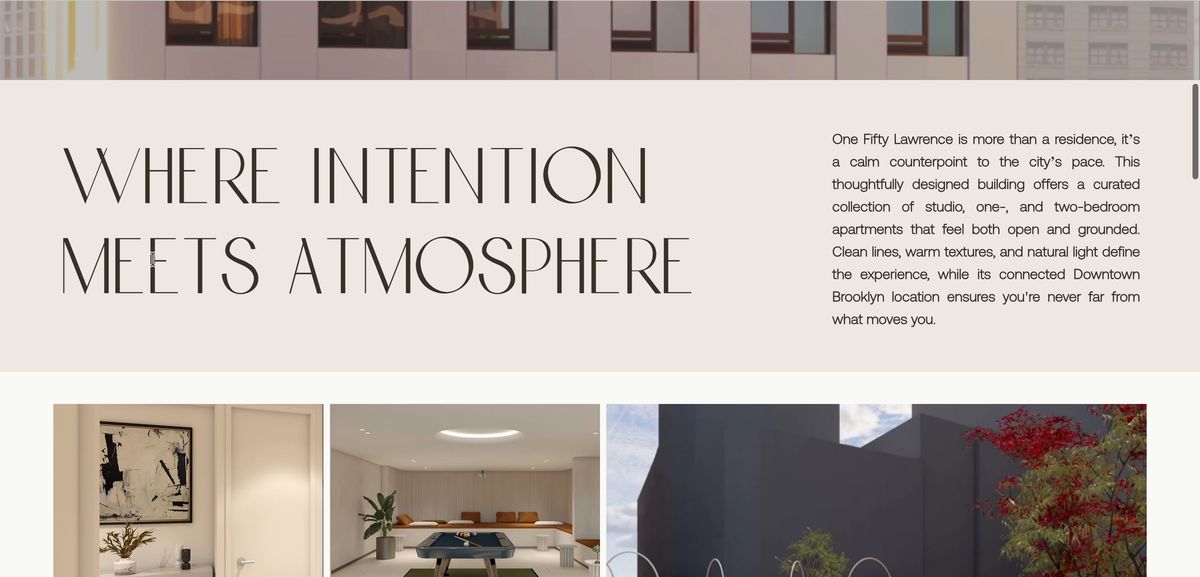 One Fifty Lawrence home page on desktop: the headline Where Intention Meets Atmosphere above an introduction to the building