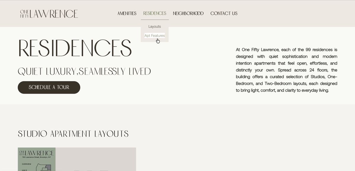One Fifty Lawrence residences page on desktop: Quiet luxury, seamlessly lived, with a schedule a tour button