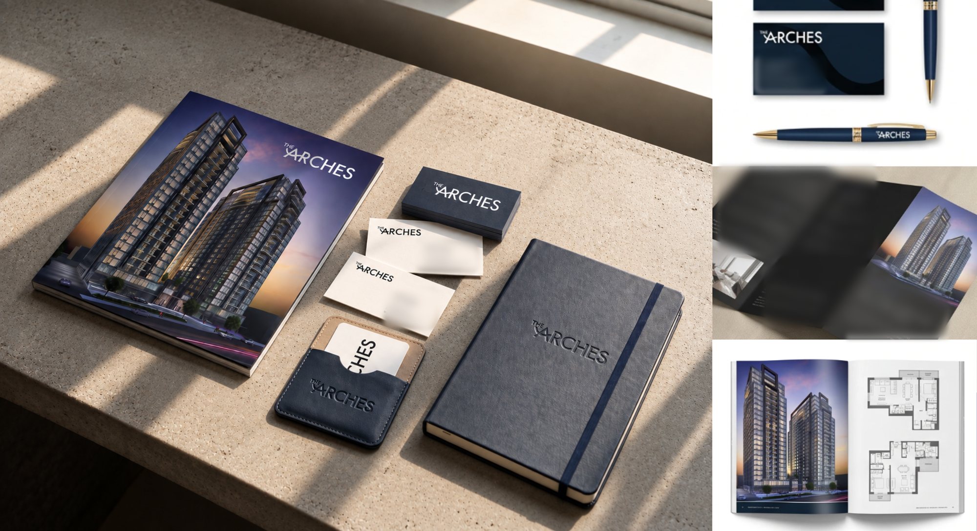 Brochure, business cards, notebook, key card sleeve and pen in The Arches brand identity
