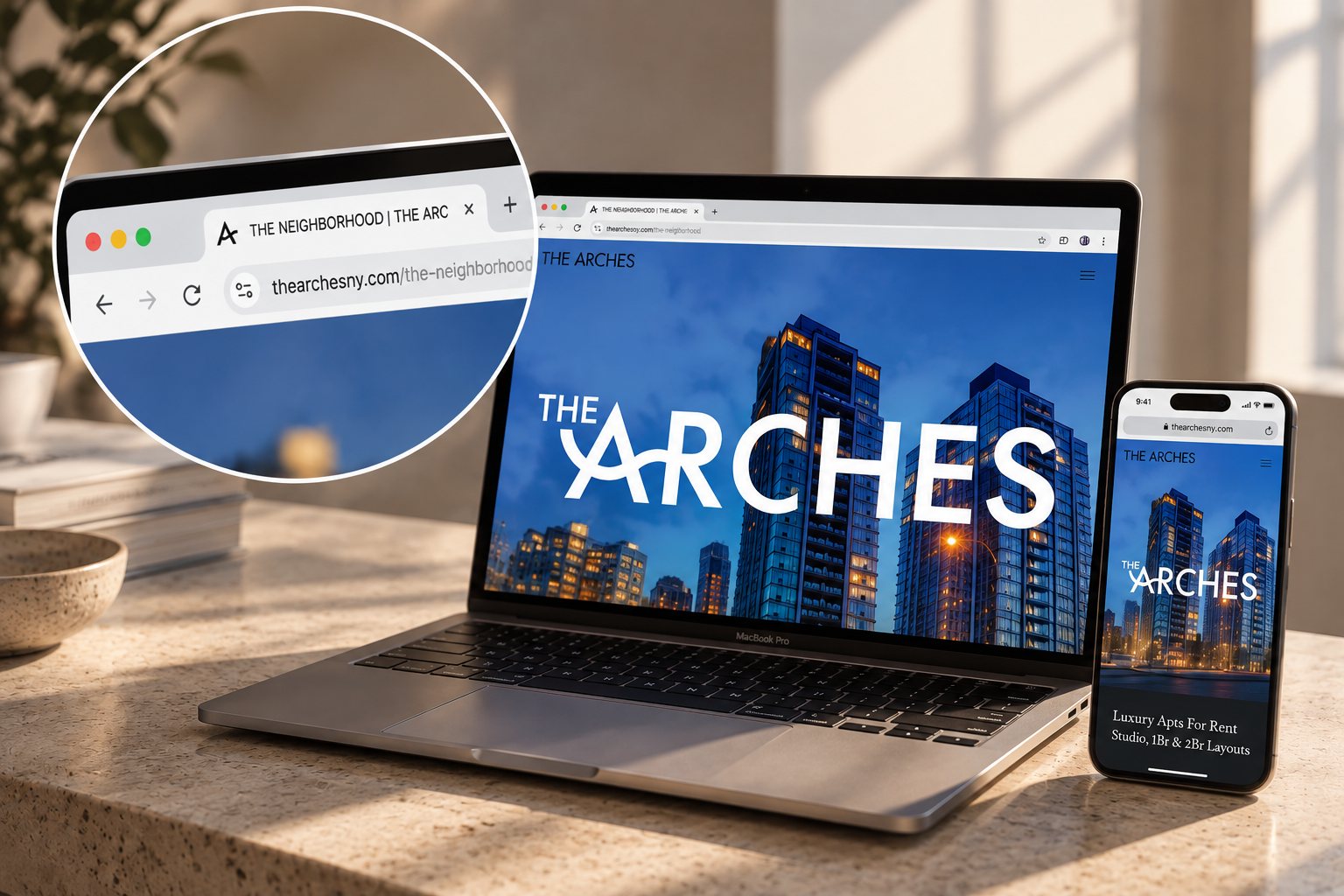The Arches leasing website on a laptop and a phone, showing the homepage and the neighborhood page